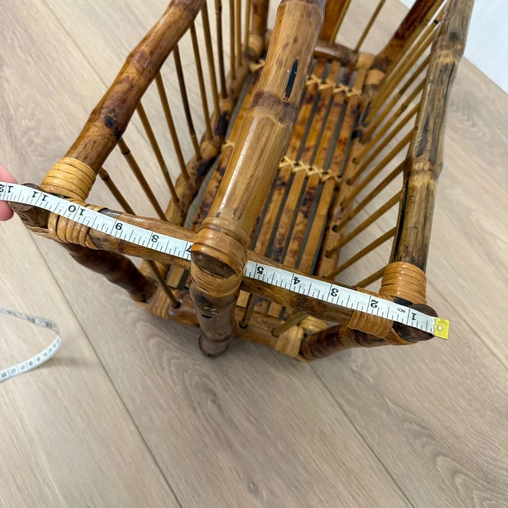 RARE Vintage 1980 Burnt Bamboo Magazine Rack Tortoise Shel Rattan Storage Basket